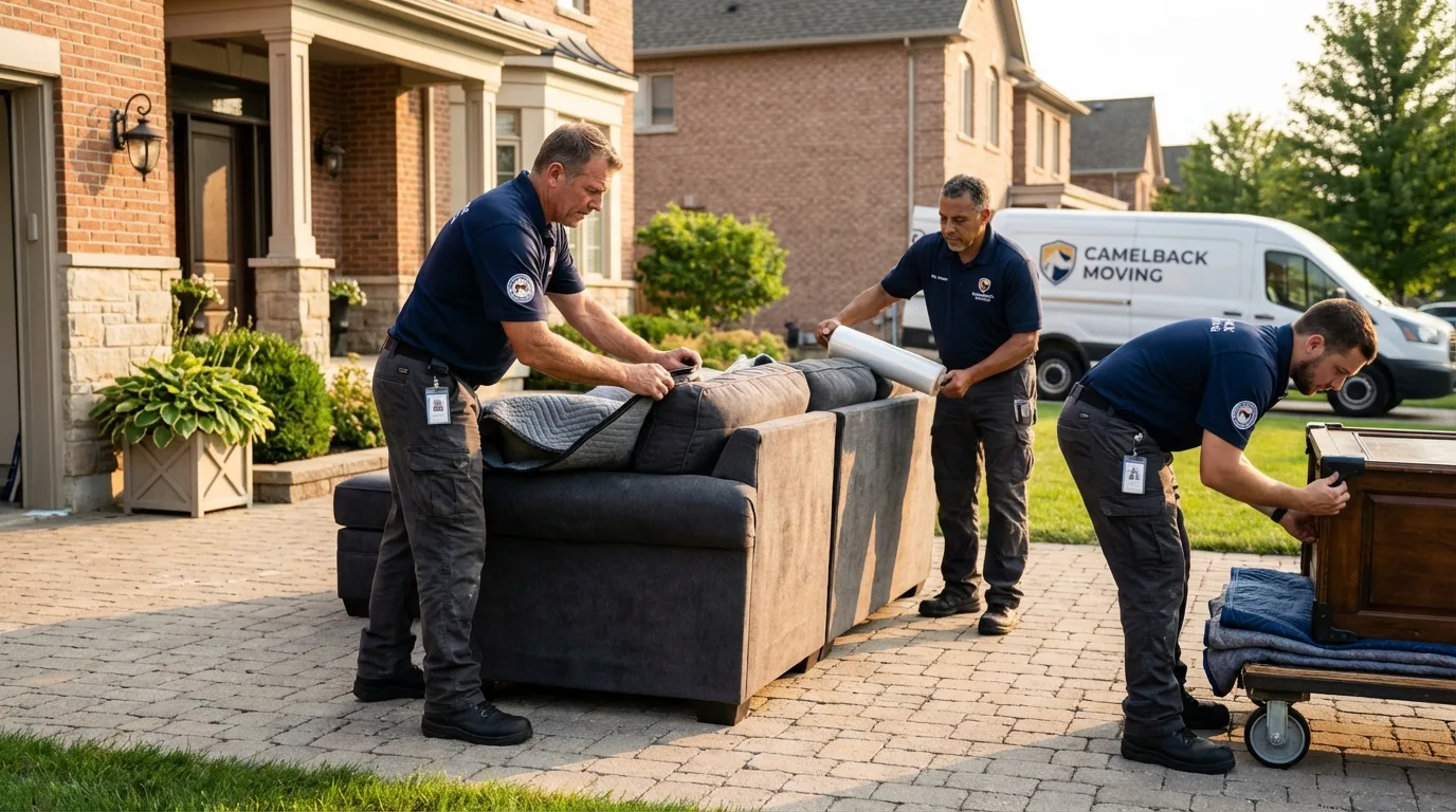 Large estate moving crew wrapping furniture in Needham, MA