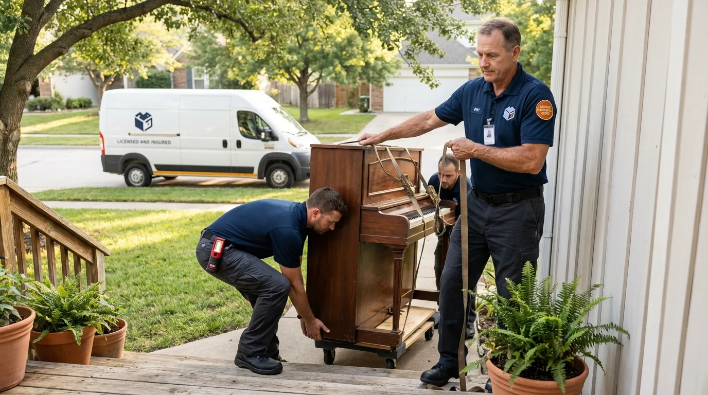 Licensed piano movers securing grand piano in Needham, MA