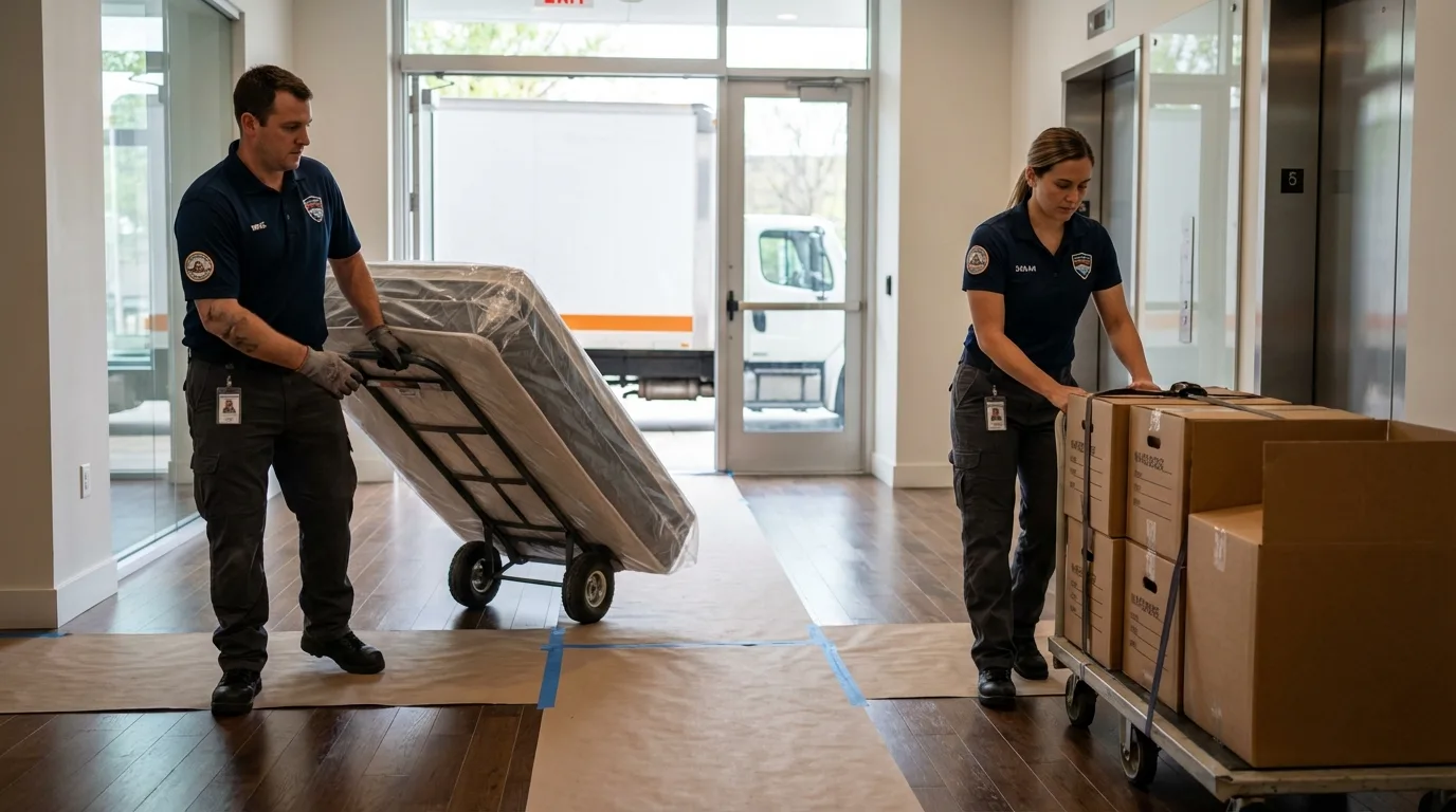 Professional apartment movers loading elevator in Needham, MA