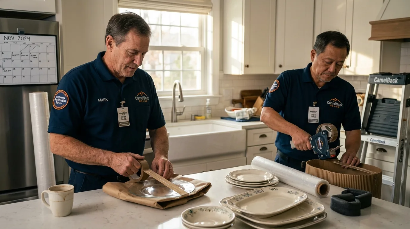 Professional crew packing kitchen dishware in Needham, MA
